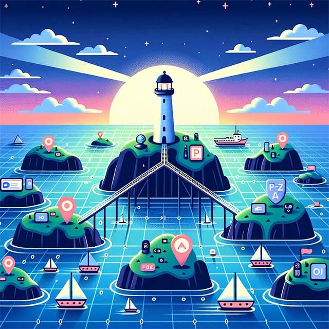 Flat design illustration of a digital ocean. The water is a matrix of zeros and ones, with islands shaped like tools and apps used in digital marketin