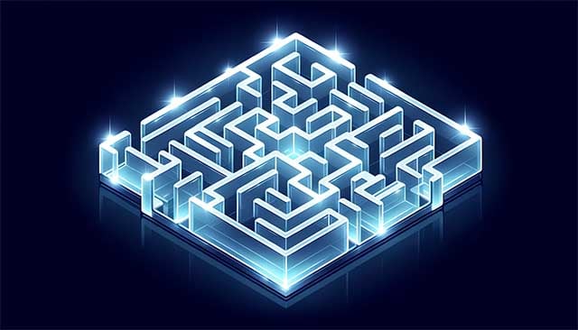 Flat design illustration of a luminous maze made of pristine glass. The maze is lit from below, giving it a glowing appearance