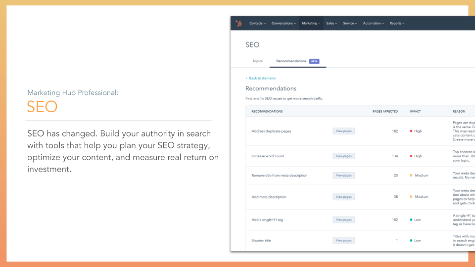 HubSpot Marketing Hub SEO. SEO tool, description on left online screenshot on right