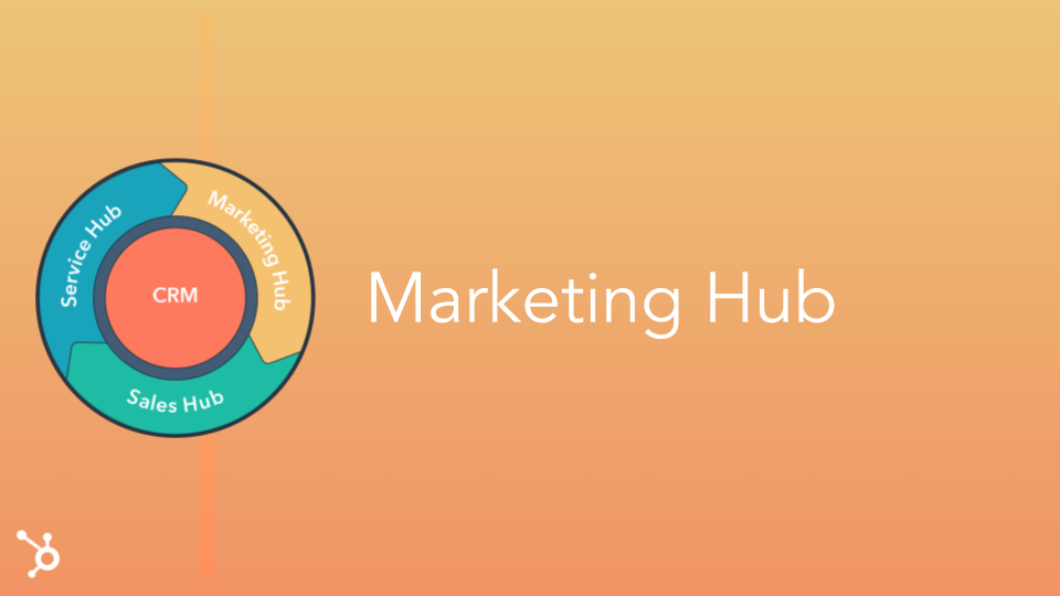 Marketing Hub Header. HubSpot Marketing Hub heading with flywheel on orange background