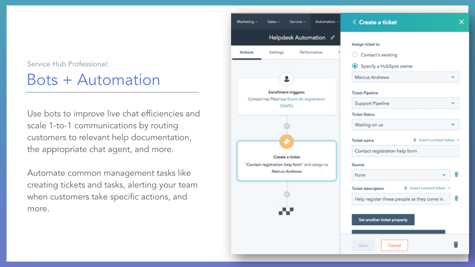 Service Hub Bots + Automation. HubSpot service hub bots + automation feature, description on left online screenshot on right