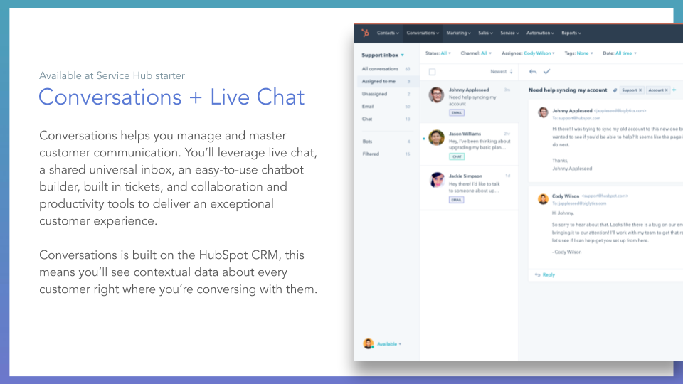 Service Hub Conversations + Live chat. slide with conversations and live chat window dialogue
