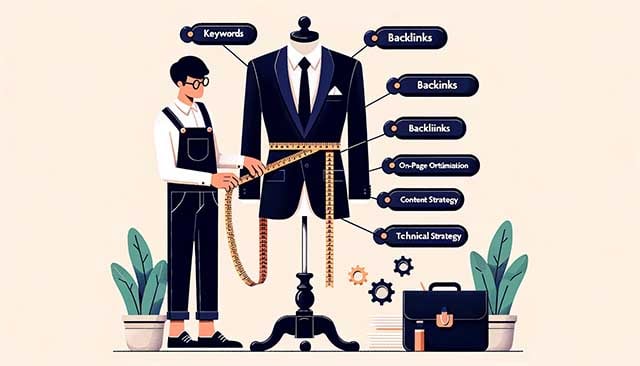 Vector illustration in flat design of a tailor with a measuring tape, meticulously measuring a sophisticated business suit on a mannequin