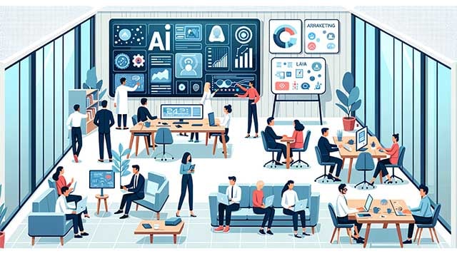 Vector illustration in flat design of an open-concept modern office. Employees of diverse descent are working collaboratively on AI-driven projects