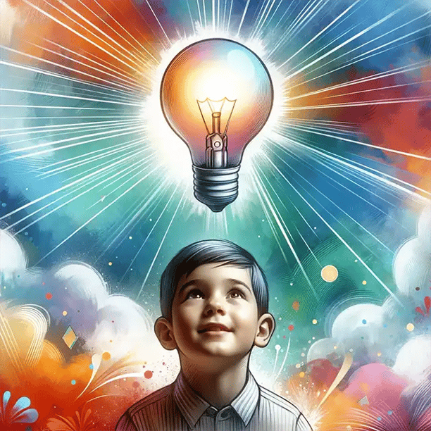 Young child with a bright, imaginative expression. Above the kids head is a large, vividly drawn light bulb