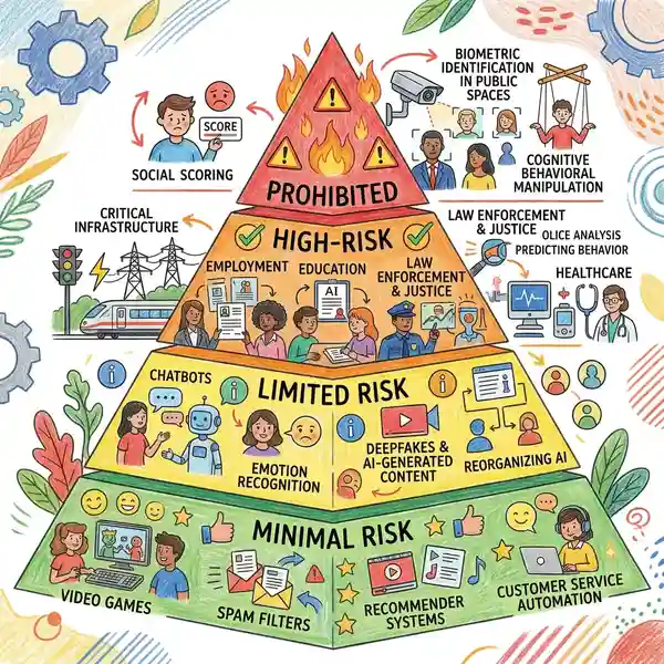 EU AI Act risk classification pyramid showing prohibited, high-risk, limited-risk, and minimal-risk AI systems with examples