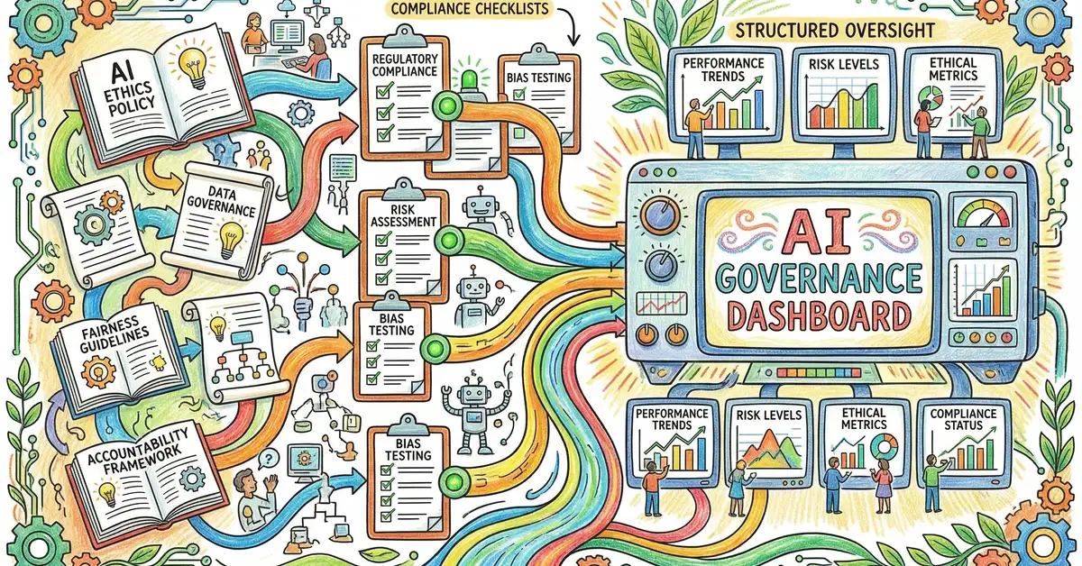 Corporate governance framework for artificial intelligence with interconnected policy documents, compliance checklists, and ethical guidelines flowing into a structured oversight dashboard