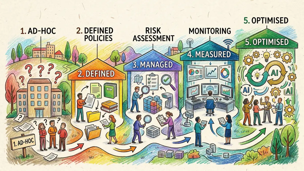 AI governance maturity model showing five stages from ad-hoc to optimised, with organisations progressing through defined policies, risk assessment, monitoring, and continuous improvement