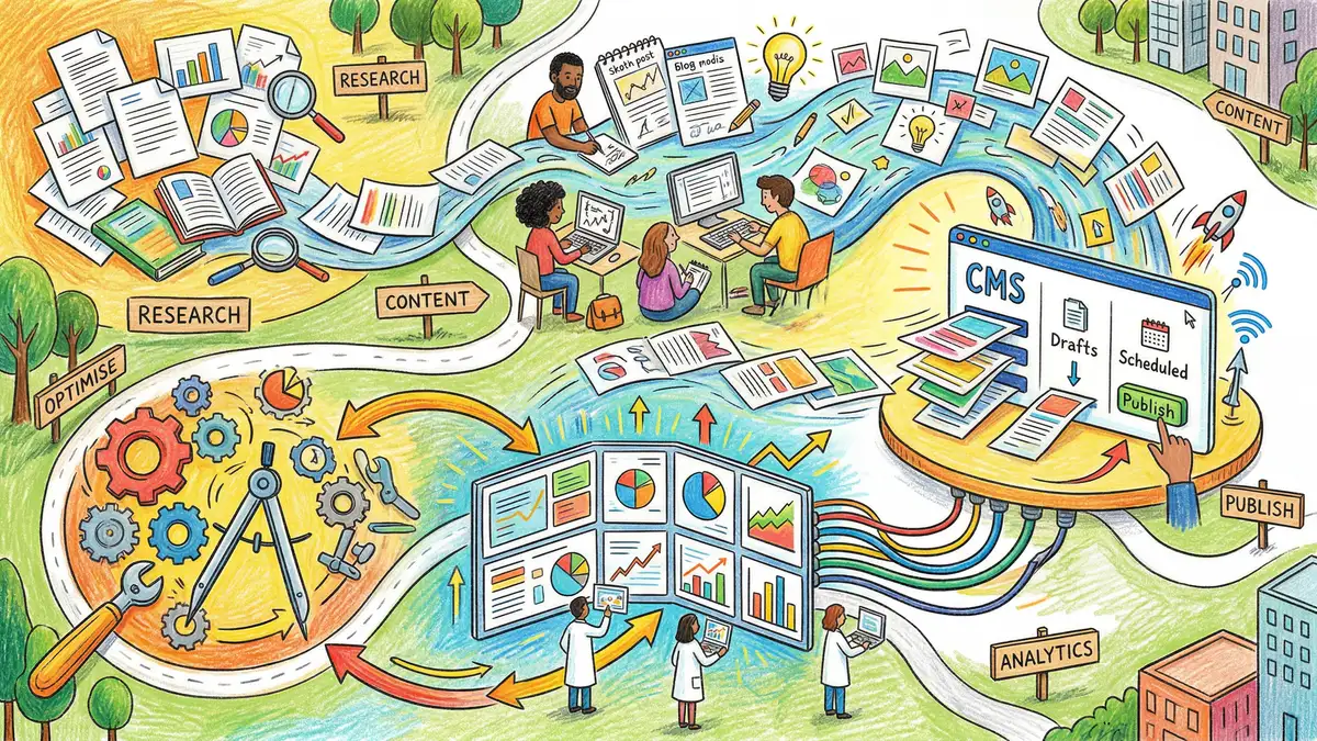 Bird's-eye view of an interconnected five-stage marketing workflow showing research, content creation, CMS publishing, analytics, and optimisation flowing in sequence