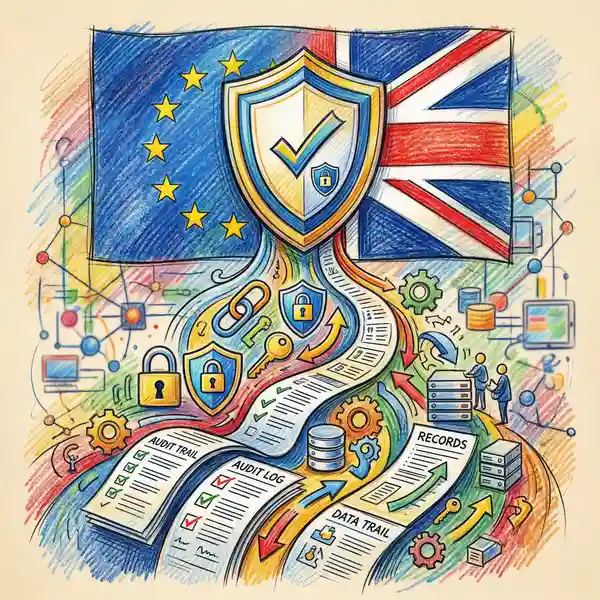 Compliance shield overlaid on EU and UK flags with data protection symbols representing GDPR and AI Act regulatory compliance for marketing technology