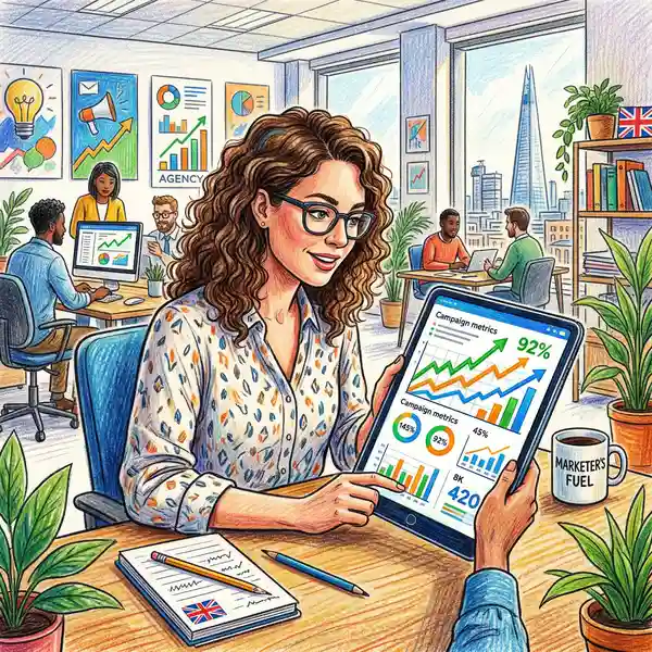 UK marketer reviewing real-time AI-powered performance analytics on a tablet showing rising campaign metrics and trend lines