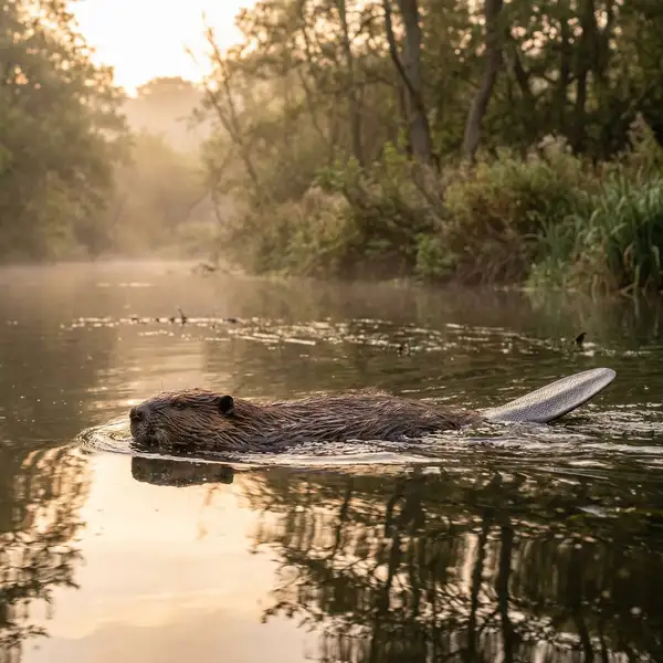 European beaver swimming in a calm English river at dawn after historic reintroduction to Dorset