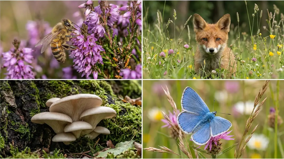 Diverse British wildlife species including bees, foxes, mushrooms and butterflies representing UK biodiversity across habitats