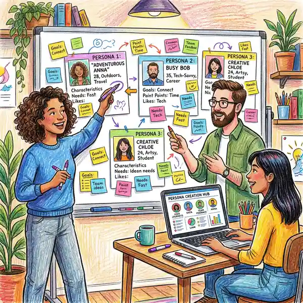 Marketing team collaborating on buyer persona development using interactive tools