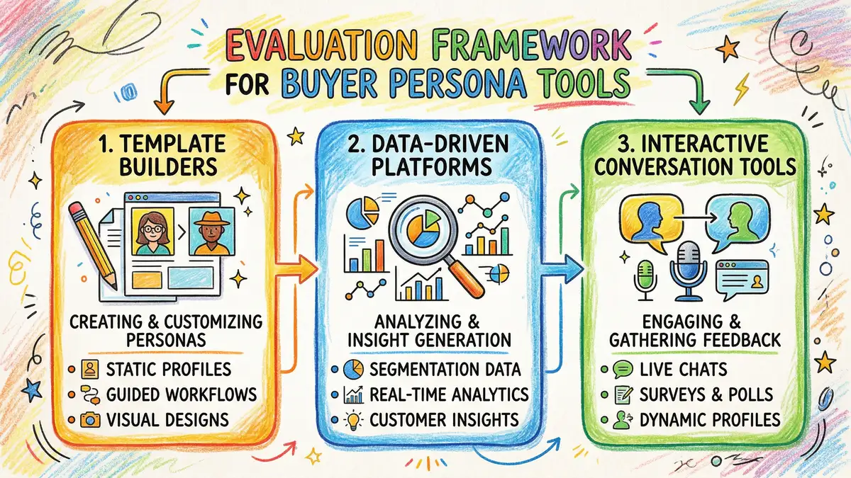 Three categories of buyer persona tools in 2026: template-based builders, data-driven platforms, and interactive persona platforms