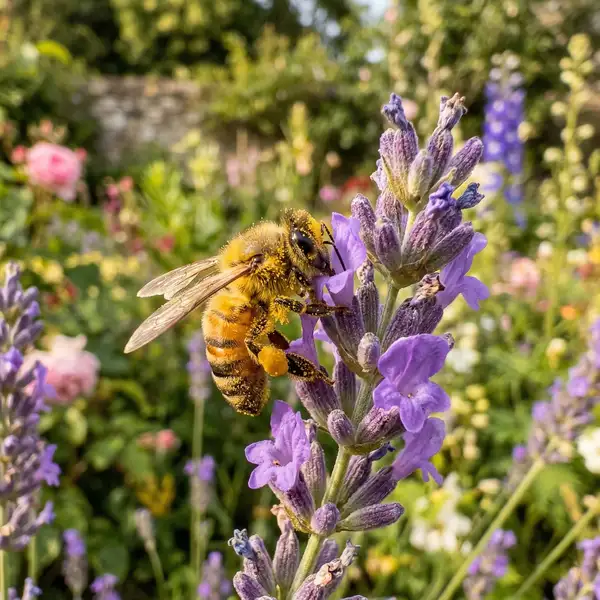 Honeybee pollinating lavender flowers in an English garden showing vital pollination ecosystem service