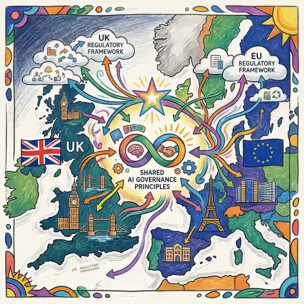 Cross-border compliance map showing UK and EU regulatory frameworks converging on shared AI governance principles