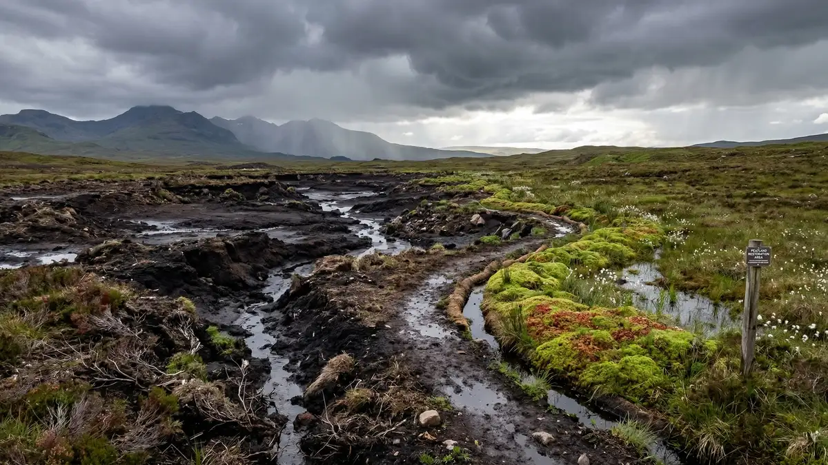 UK peatland landscape showing contrast between degraded bare peat and restored green sphagnum moss sections for climate action