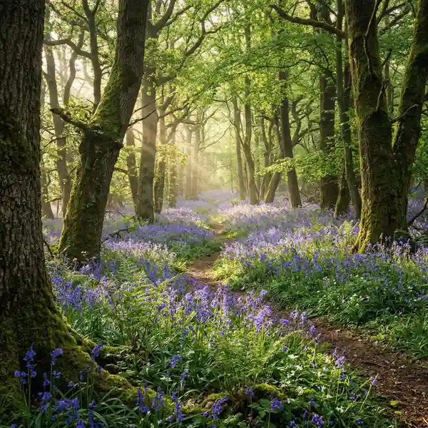 Ancient English bluebell woodland with sunlight filtering through oak canopy showing thriving forest ecosystem